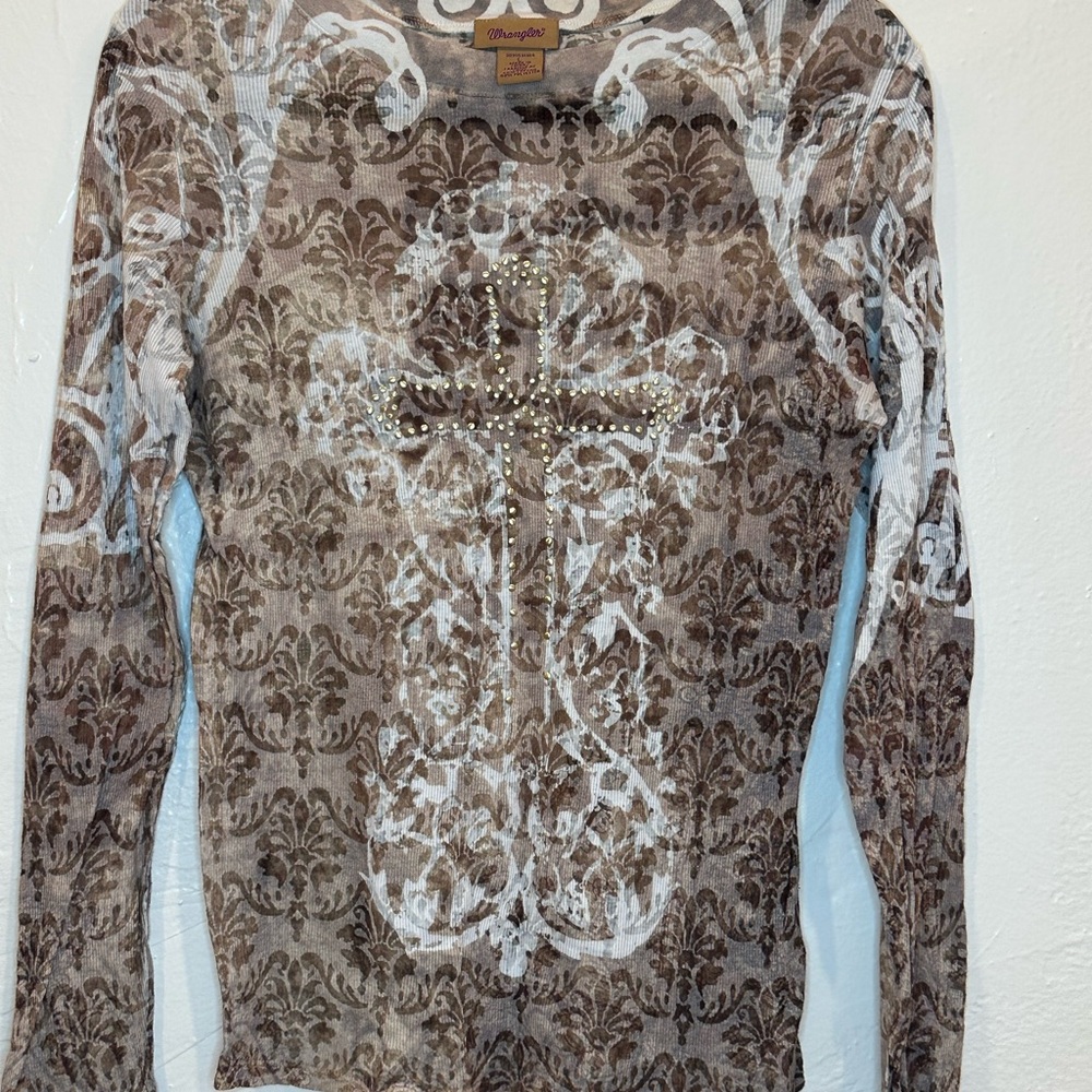 Wrangler Brown and Cream Patterned Top with bling cross